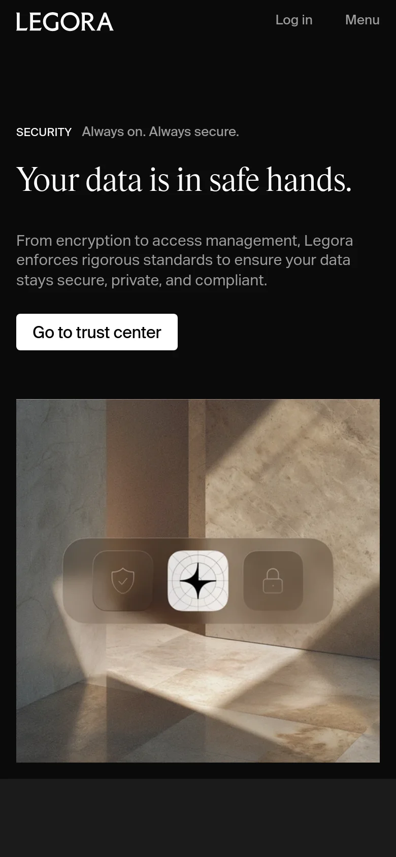 Legora security page with a stacked mobile layout. The hero section features a dark background with white serif typography, a prominent Go to trust center button, and a large architectural stone image below the text.