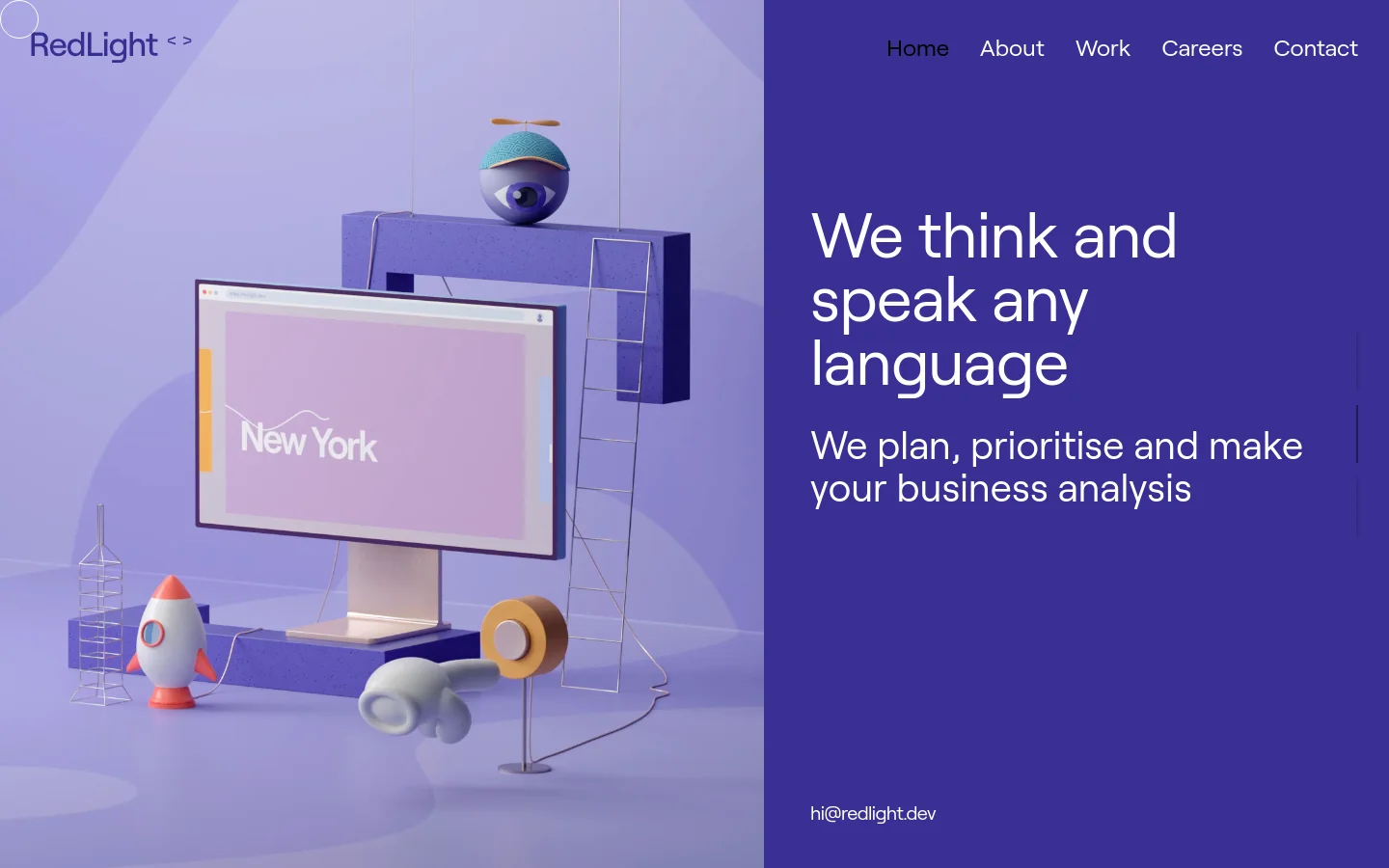 The desktop homepage features a split-screen layout with a 3D whimsical purple-toned illustration on the left and a dark purple section on the right. The right side contains the headline 'We think and speak any language' and a subheadline, with a navigation menu at the top and an email link at the bottom. The brand logo 'RedLight' is in the top left corner.