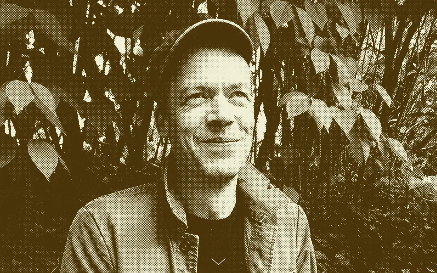 The desktop homepage features a minimalist design with a large, halftone-style portrait of Jens Windolf against a leafy background in sepia tones. The layout includes a navigation menu at the top, a central text section describing his work as a graphic designer, and a prominent 'Say hello!' call-to-action link.