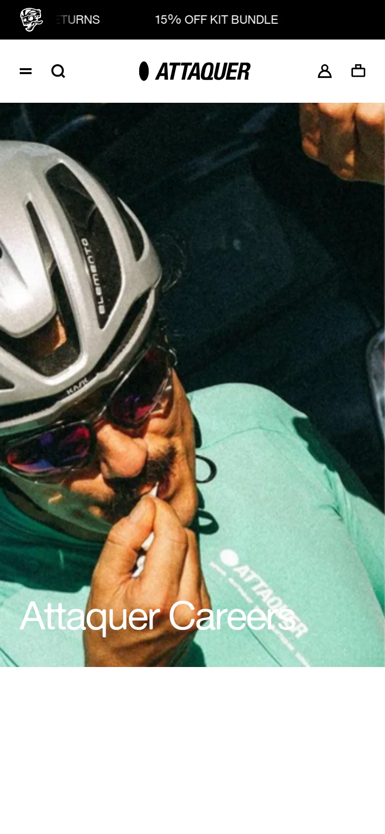 The mobile version presents a vertically oriented hero image of a cyclist eating ice cream with the 'Attaquer Careers' headline centered. The layout is simplified for a narrow screen, focusing on a single-column view of the brand mission and job description text.