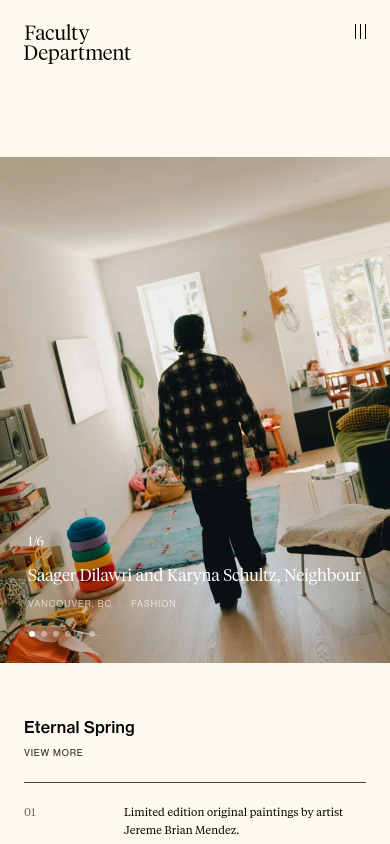 The mobile version uses a simplified vertical layout with a hamburger menu icon at the top right. The large hero image of a person in a sunlit room dominates the screen, followed by the 'Eternal Spring' heading and text content stacked vertically.