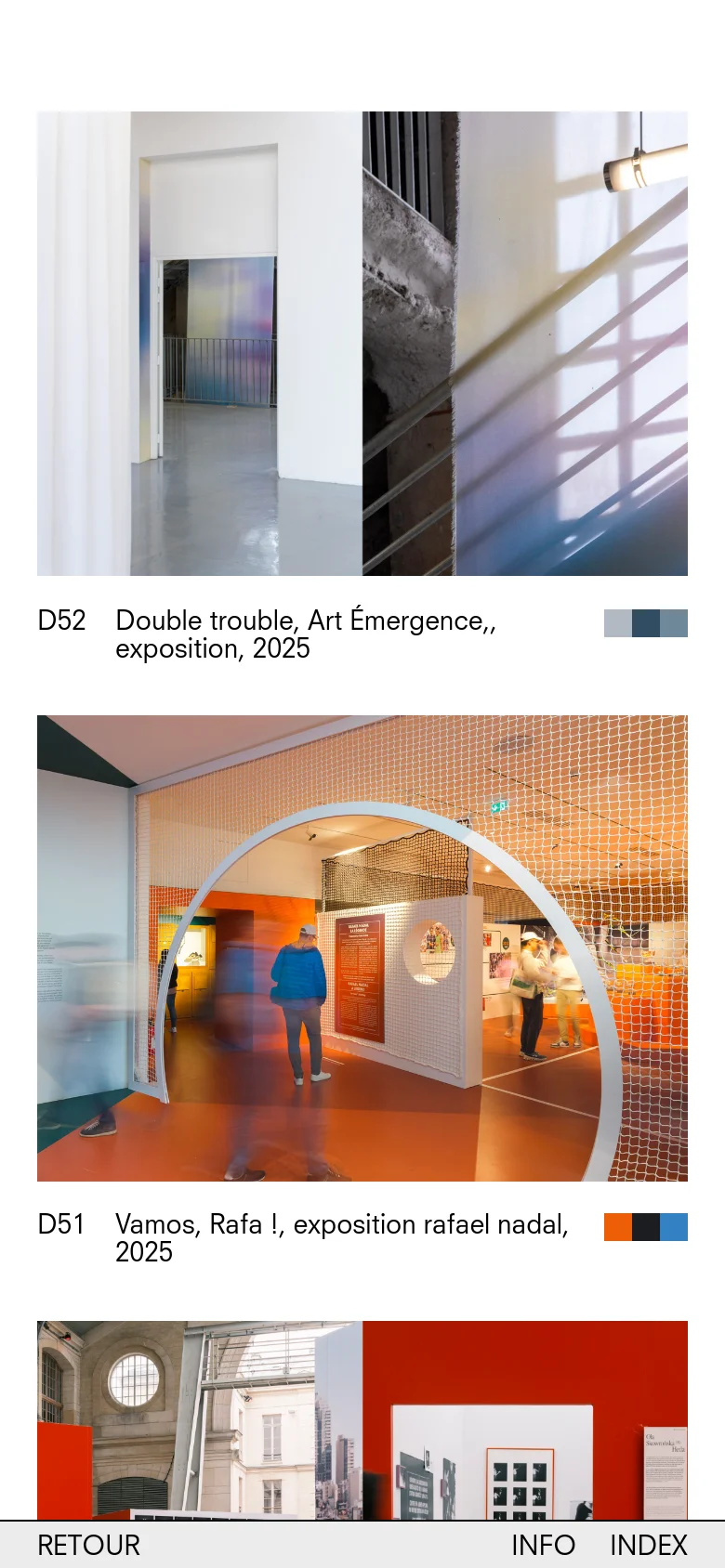 The mobile version presents a vertically stacked single-column layout of the project images to fit the narrow screen. The navigation menu is simplified at the bottom, and the large imagery remains the central focus of the minimalist design.