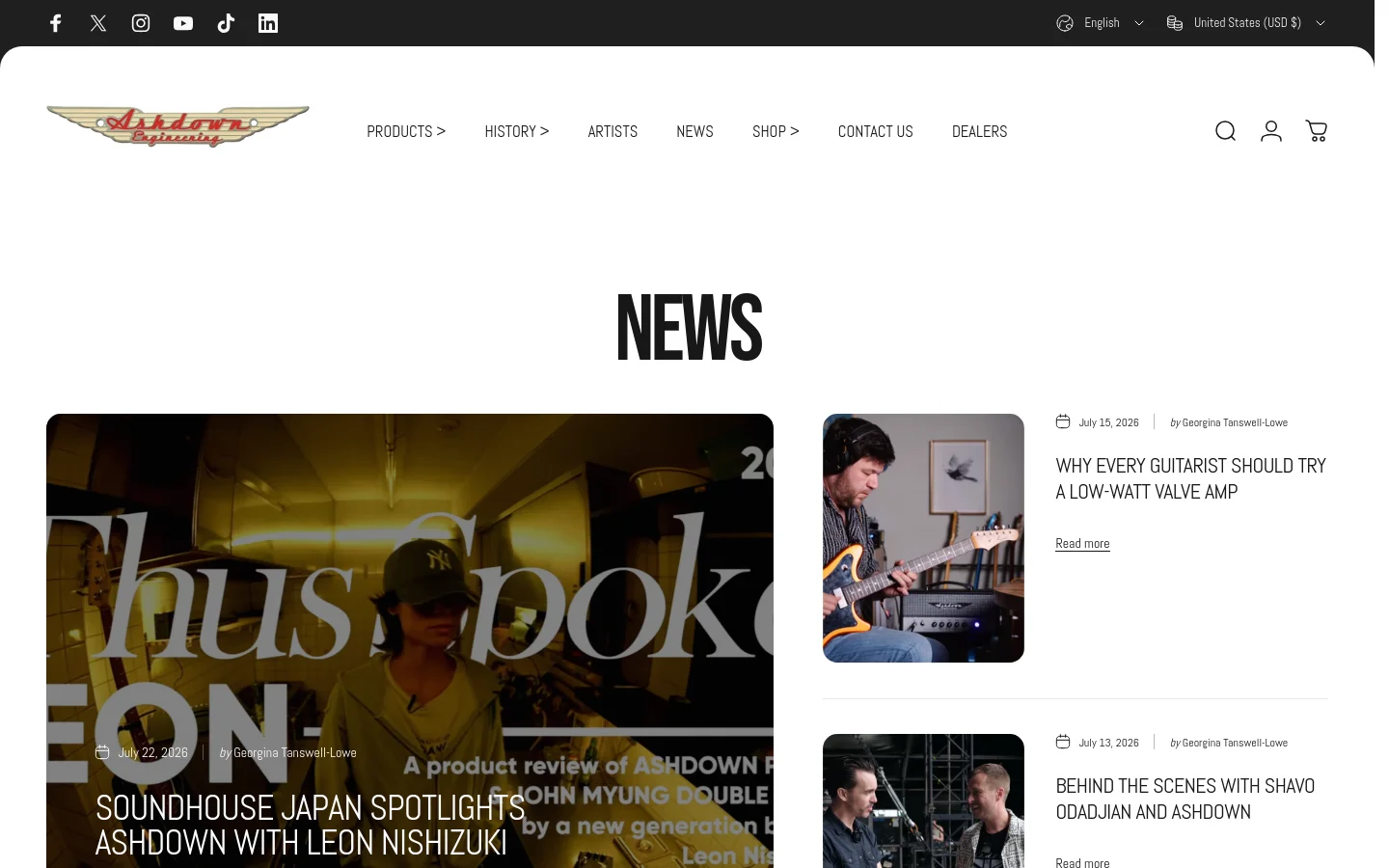 The News page features a clean white background with the Ashdown Engineering logo at the top. A large 'NEWS' heading sits above a grid layout containing blog posts, starting with a large featured article with a full-width image and text overlay, followed by smaller articles with images on the left and headlines on the right. Navigation links and social media icons are visible in the header and footer.