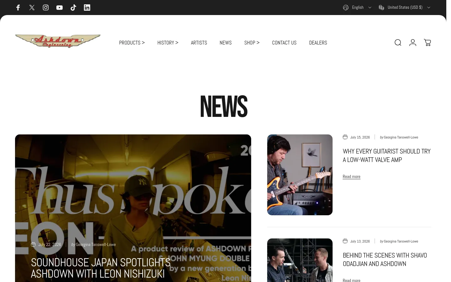 The News page features a clean white background with the Ashdown Engineering logo at the top. A large 'NEWS' heading sits above a grid layout containing blog posts, starting with a large featured article with a full-width image and text overlay, followed by smaller articles with images on the left and headlines on the right. Navigation links and social media icons are visible in the header and footer.