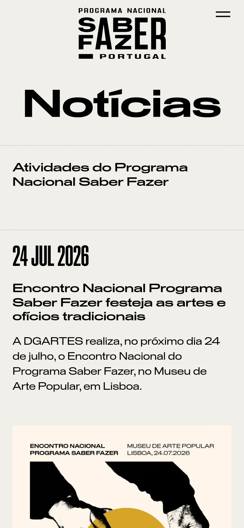 The mobile version presents a simplified vertical stack, starting with the large 'Notícias' title and the 'Atividades' section heading. News articles are displayed one after another in a single column, focusing on the date, headline, and text description to accommodate the narrow screen width.