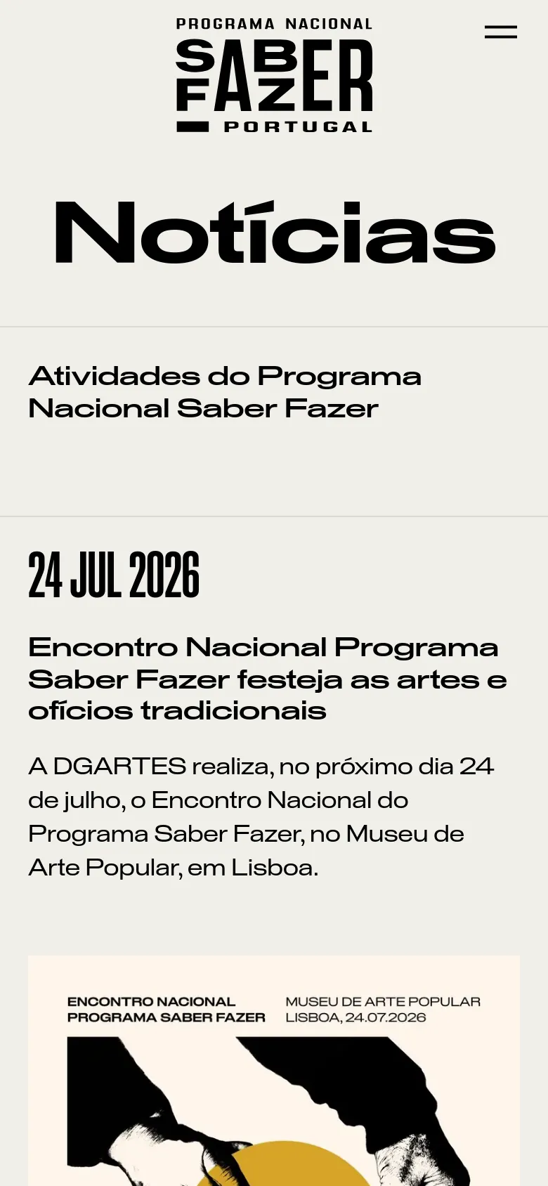 The mobile version presents a simplified vertical stack, starting with the large 'Notícias' title and the 'Atividades' section heading. News articles are displayed one after another in a single column, focusing on the date, headline, and text description to accommodate the narrow screen width.