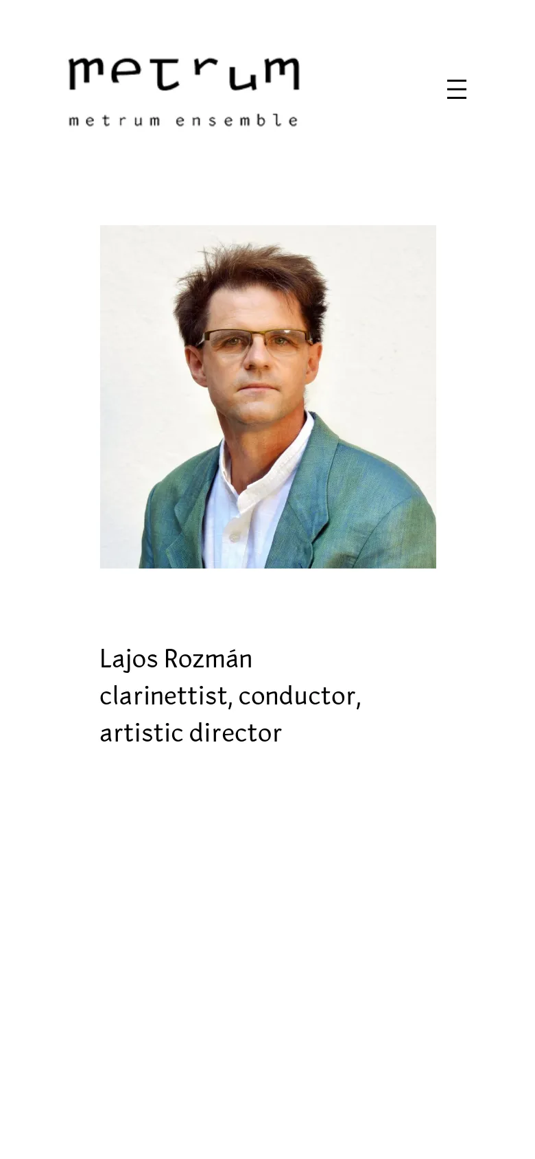 The mobile version displays a simplified header with the Metrum Ensemble logo and a hamburger menu icon. The content shifts to a single-column vertical layout, showing one large portrait and the corresponding name and title for each team member sequentially.