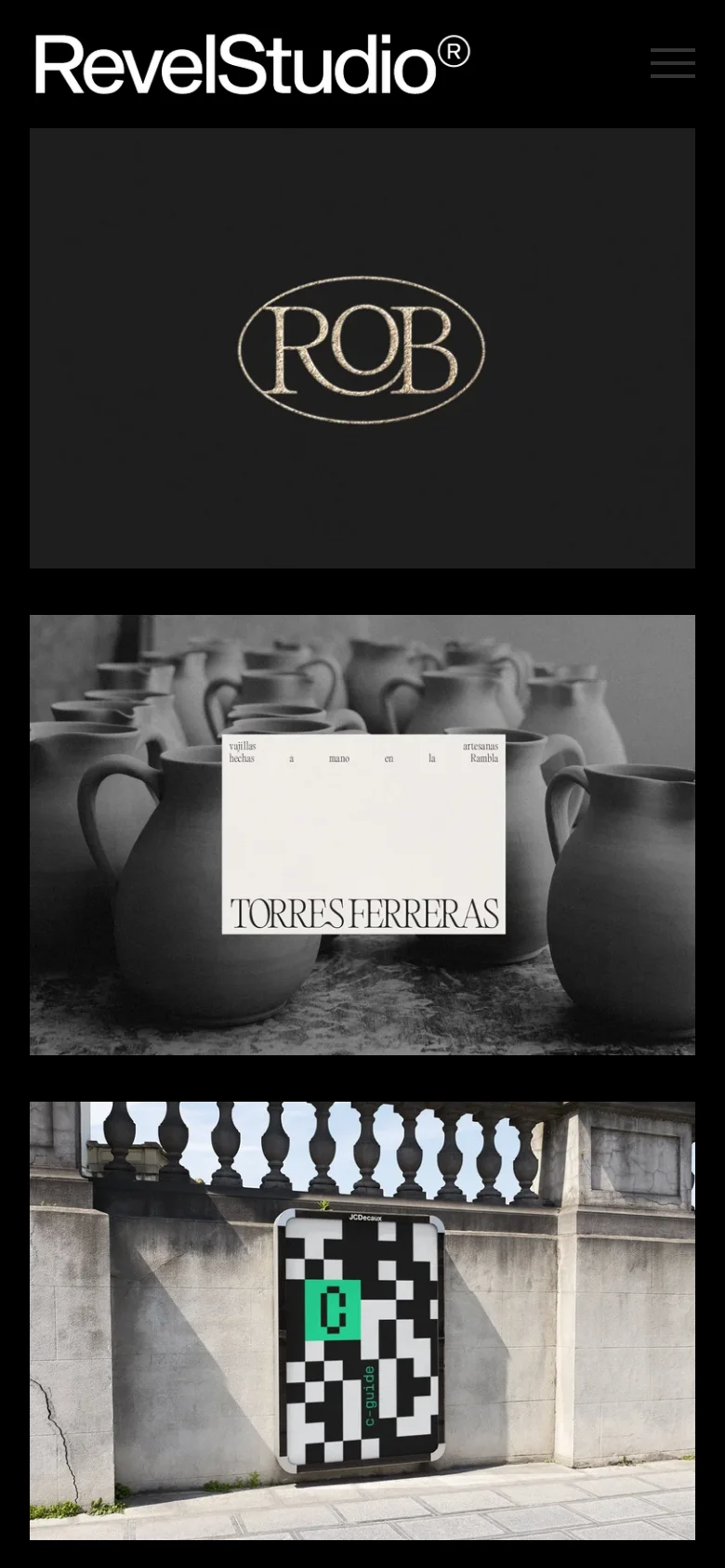 The mobile version maintains the black header and logo but replaces the horizontal navigation links with a hamburger menu icon on the right. The project portfolio transitions from a multi-column grid to a single-column vertical stack, presenting large, full-width images of each project sequentially.