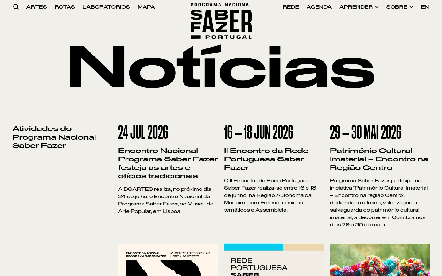 The desktop page features a large 'Notícias' headline against a light grey background. Below, a grid layout displays news articles under the heading 'Atividades do Programa Nacional Saber Fazer', each including a date, title, short description, and a 'Saber mais' link. A map interface with category filters for museums, artisans, workshops, and commerce is positioned at the top.