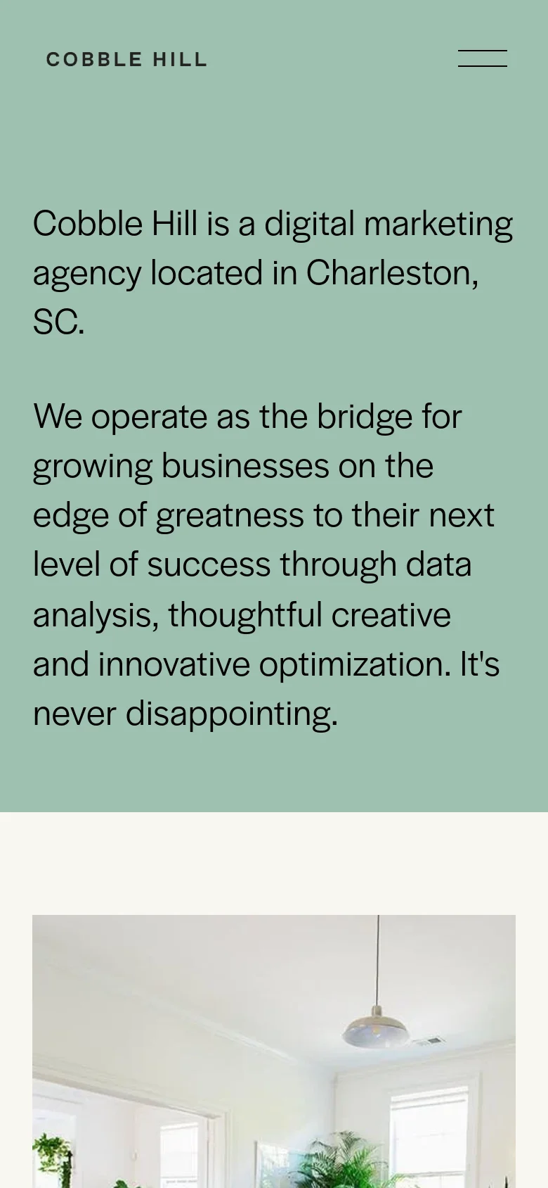 The mobile version simplifies the layout into a single-column vertical stack on a sage green background. The navigation is condensed into a hamburger menu icon, and the introductory text is centered and scaled for a smaller screen.