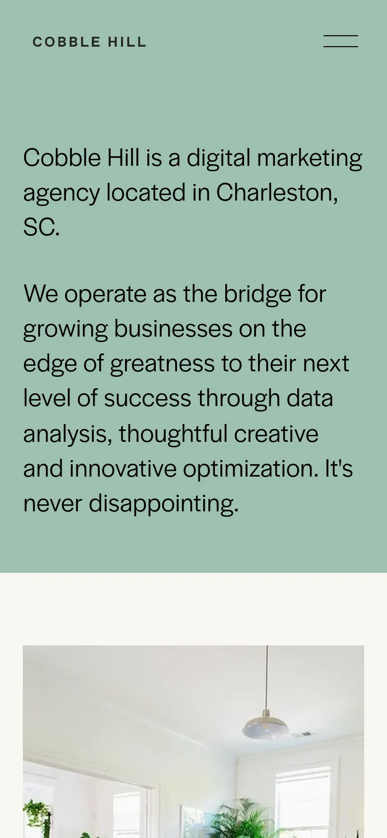 The mobile version simplifies the layout into a single-column vertical stack on a sage green background. The navigation is condensed into a hamburger menu icon, and the introductory text is centered and scaled for a smaller screen.
