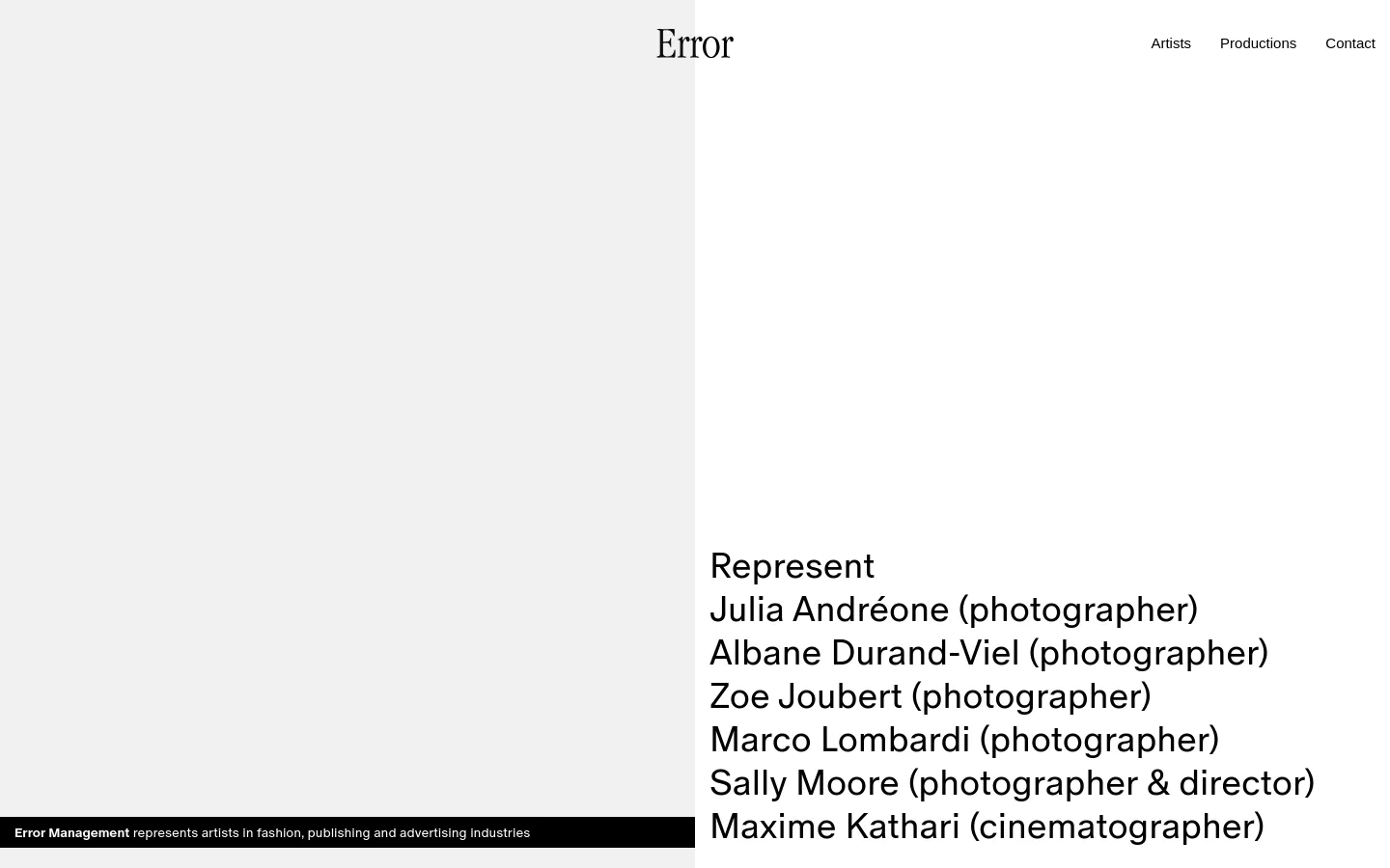 The desktop page features a minimalist design with a white background and black serif typography. The 'Error' logo is centered at the top, with a navigation menu containing 'Artists', 'Productions', and 'Contact' on the right. A list of represented artists and their specialties is displayed on the right side of the page.
