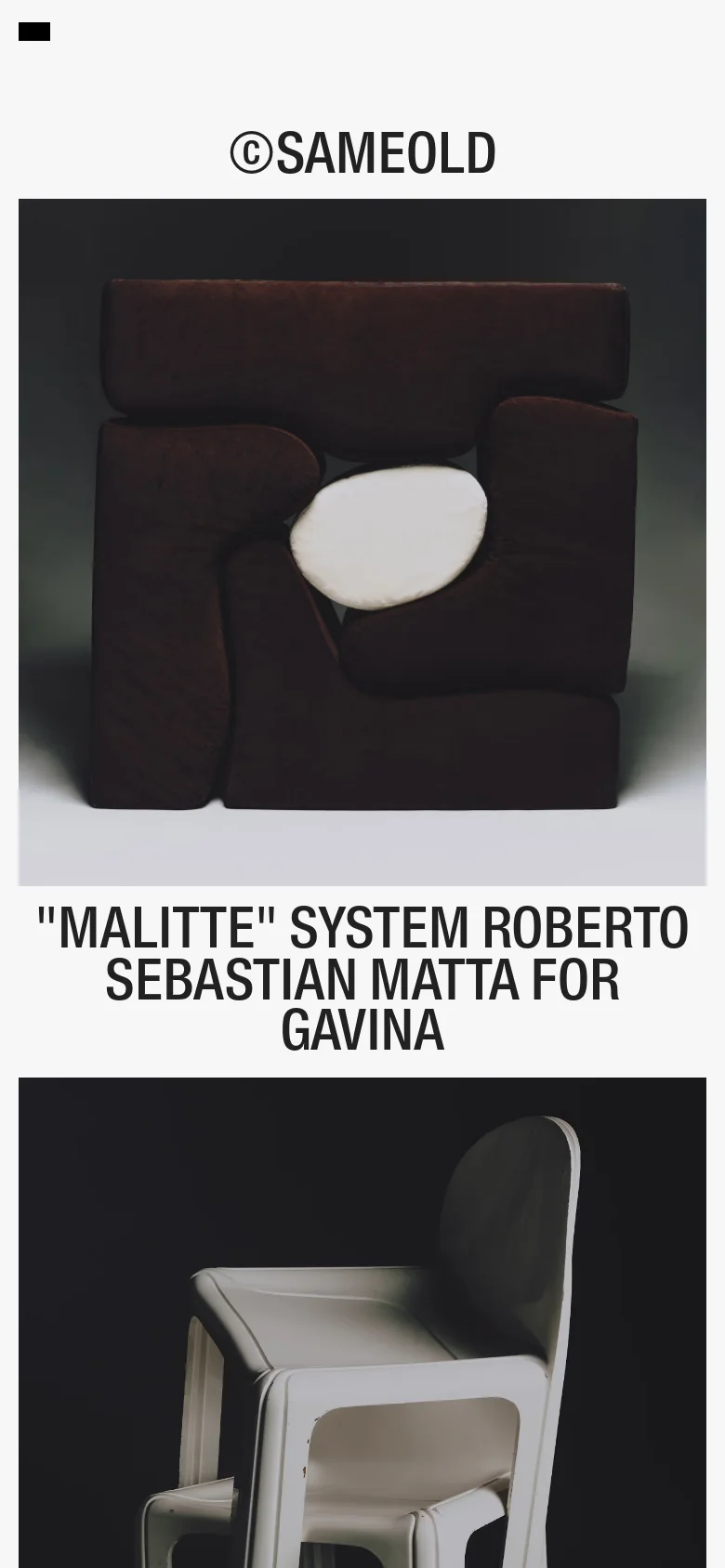 The mobile version maintains the minimalist aesthetic with a centered logo and a single-column layout. The hero image of the 'Malitte' system is prominent, followed by vertically stacked product images and text. The navigation menu is condensed, focusing on a streamlined viewing experience for mobile users.