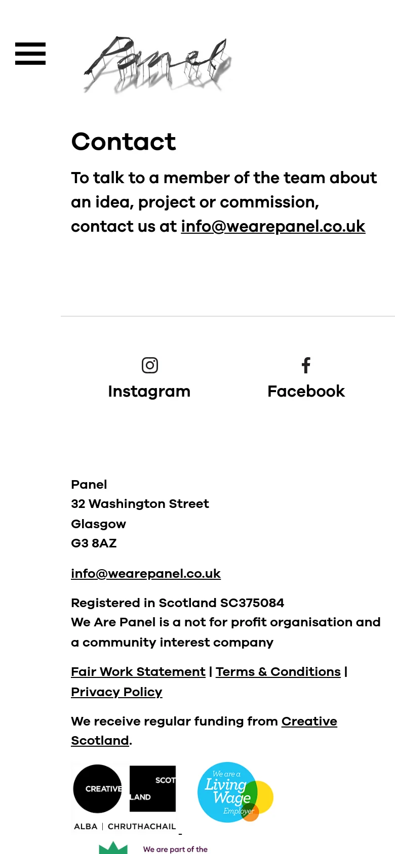 The mobile version uses a vertical stack layout with a hamburger menu icon at the top left. The 'Contact' headline and email information are centered, followed by large Instagram and Facebook icons, and a footer containing contact details and organizational logos.