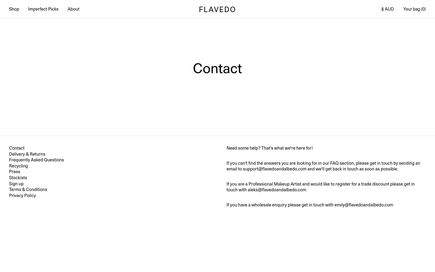 The desktop Contact page features a minimalist white background with the large heading 'Contact' centered in the middle. Below, the layout is split into two columns: a list of navigation links on the left and contact information with email addresses for support, professional artists, and wholesale enquiries on the right.