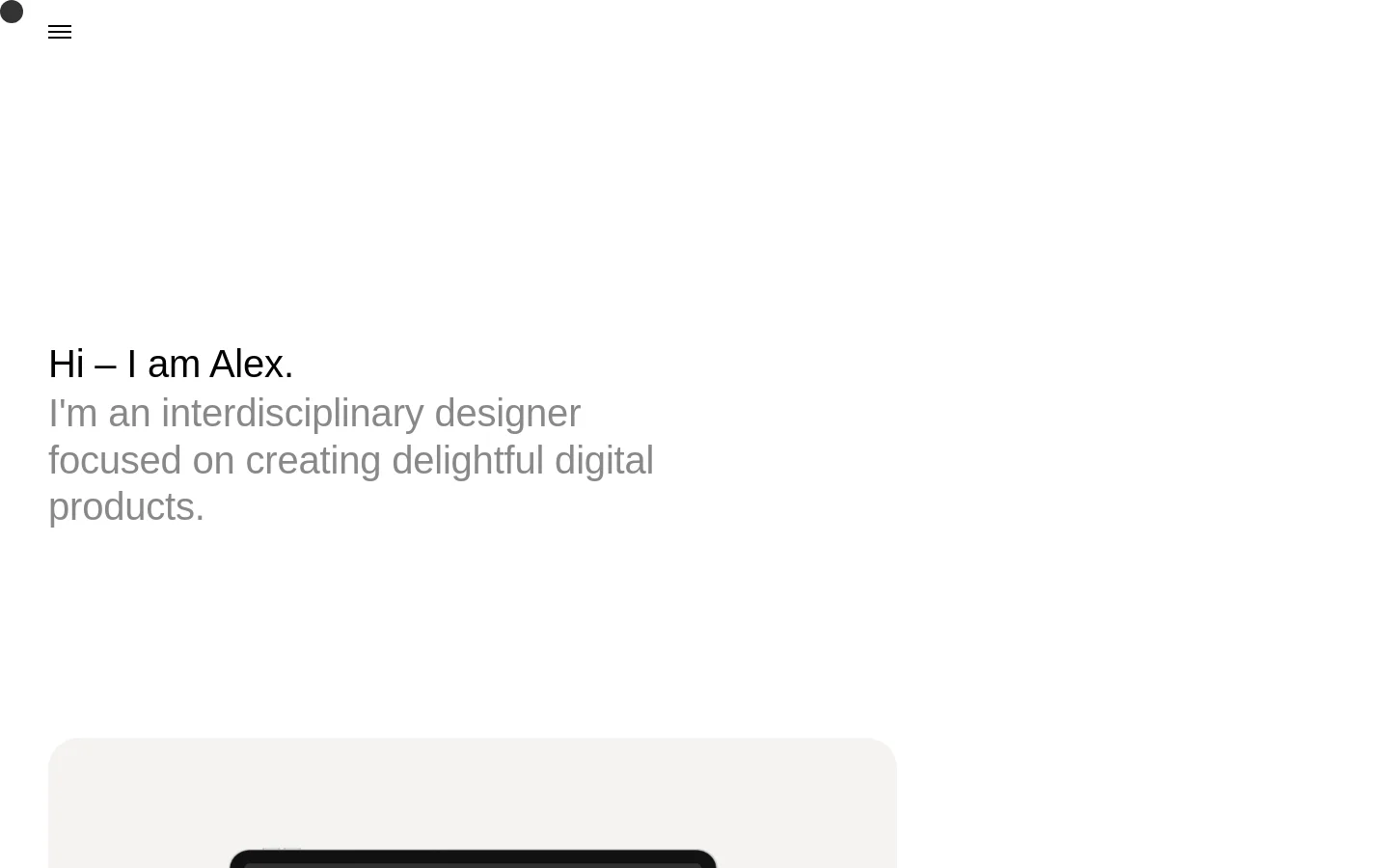 The desktop homepage features a minimalist white layout with a navigation menu containing Projects and About links. A large hero section introduces Alex, an interdisciplinary designer, followed by a grid of project cards including Sotheby's and eBay, each displaying a thumbnail image, description, and a 'View Project' call to action.
