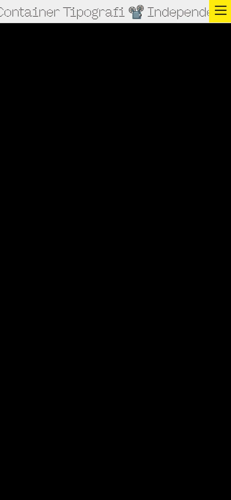 The mobile version maintains the black and white minimalist aesthetic but simplifies the layout. The top navigation links are hidden behind a bright yellow hamburger menu icon in the top right corner, while the footer text remains visible at the bottom.