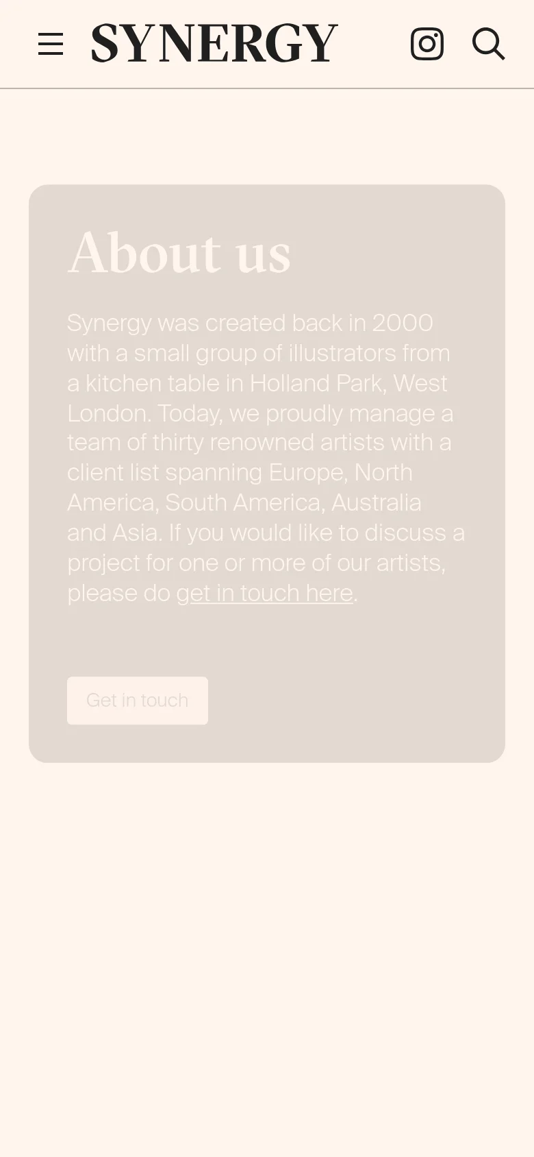 The mobile version presents a vertically stacked layout, starting with a hamburger menu and the Synergy logo at the top. The hero section is condensed, showing the 'About us' text and a 'Get in touch' button within a large beige block. The overall aesthetic remains clean and minimalist, optimized for a single-column scroll.