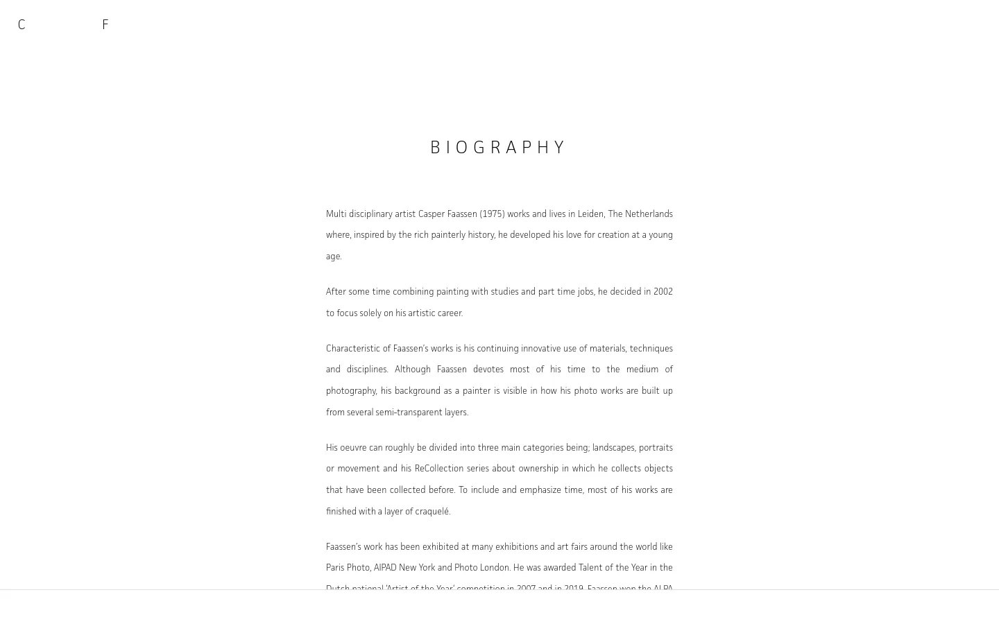 The desktop biography page features a minimalist design with a large 'BIOGRAPHY' heading in a light, spaced-out serif font. A central column of black text on a white background describes the artist's career, accompanied by a single landscape-oriented photograph of an abstract, textured artwork. A simple navigation menu with 'PROJECTS', 'ABOUT', and 'CONTACT' is located at the bottom.