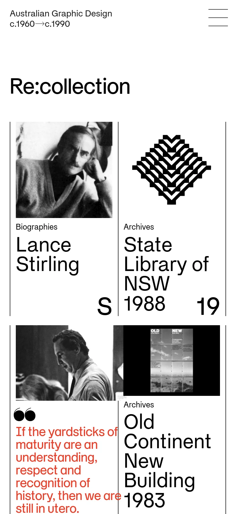 The mobile version maintains the minimalist aesthetic but transitions the content into a single-column vertical scroll. The large 'Re:collection' header and navigation menu are condensed, and the archival image cards are stacked vertically to fit the narrower screen width.