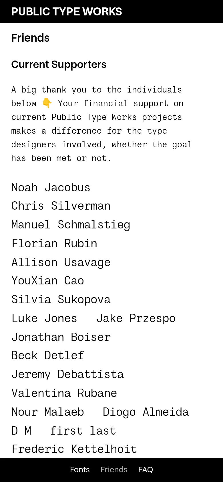 The mobile version maintains the minimalist black-on-white aesthetic but transitions the multi-column name grid into a single-column vertical list for better readability. The header and navigation links are simplified, and the layout is optimized for vertical scrolling on a narrow screen.