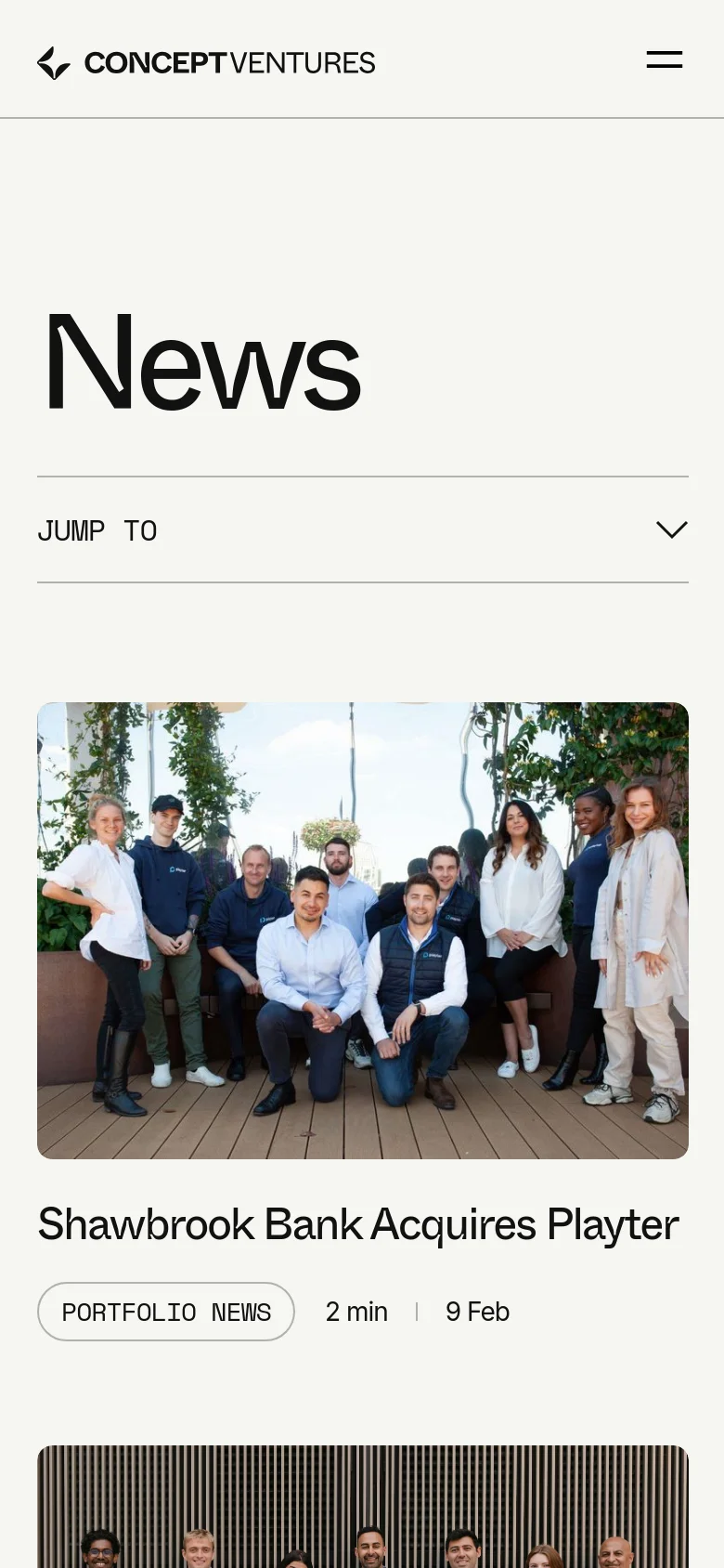 Concept Ventures news page in a mobile-responsive stacked layout. The large News header is followed by a vertical feed of articles with full-width imagery, category tags like Portfolio News, and reading time metadata.