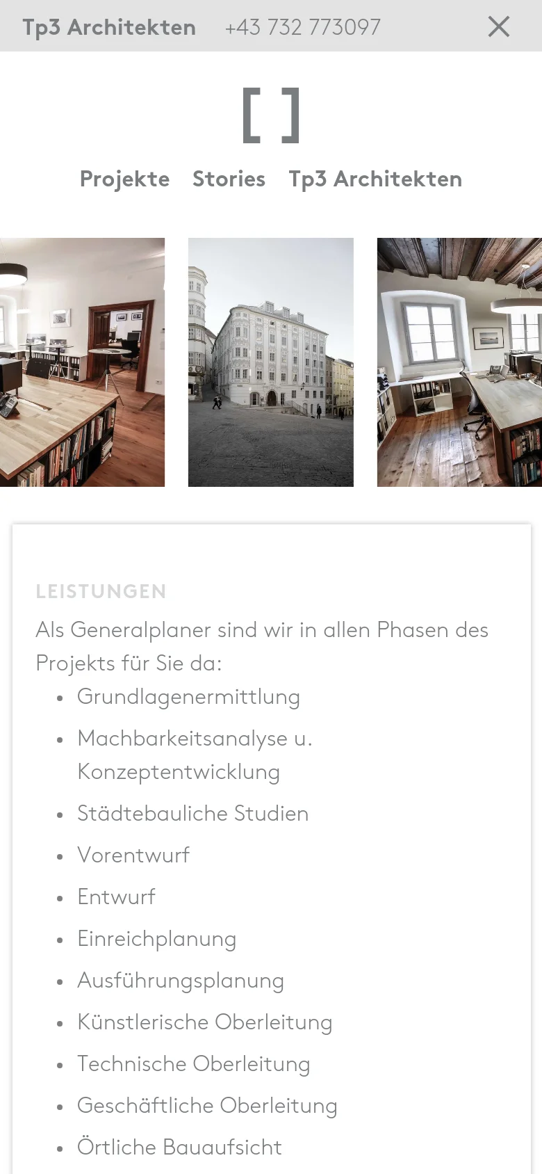 The mobile version presents a simplified vertical layout with a top header containing the company name, phone number, and a close icon. The navigation menu is centered below the header, followed by a single column of large architectural images. The services list is displayed prominently in a large white card that spans the width of the screen, making the text easy to read on a smaller device.