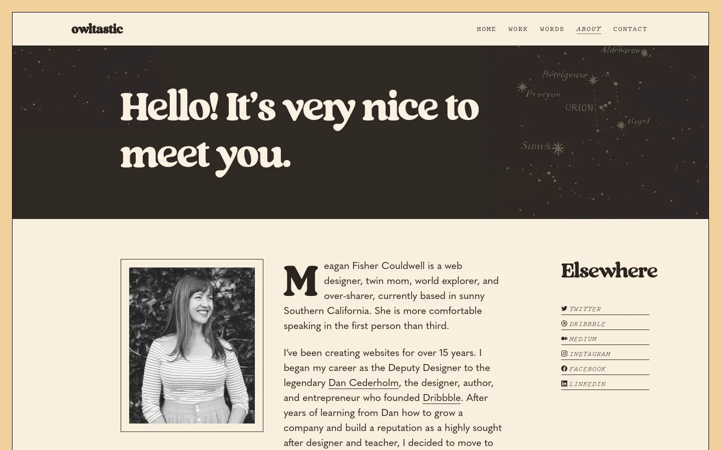 The About page features a cream-colored background with a dark hero section containing the headline 'Hello! It’s very nice to meet you.' against a starry night sky. Below the hero, a black and white portrait of Meagan Fisher Couldwell is positioned to the left of her biographical text, with a sidebar on the right containing social media links under the heading 'Elsewhere'.