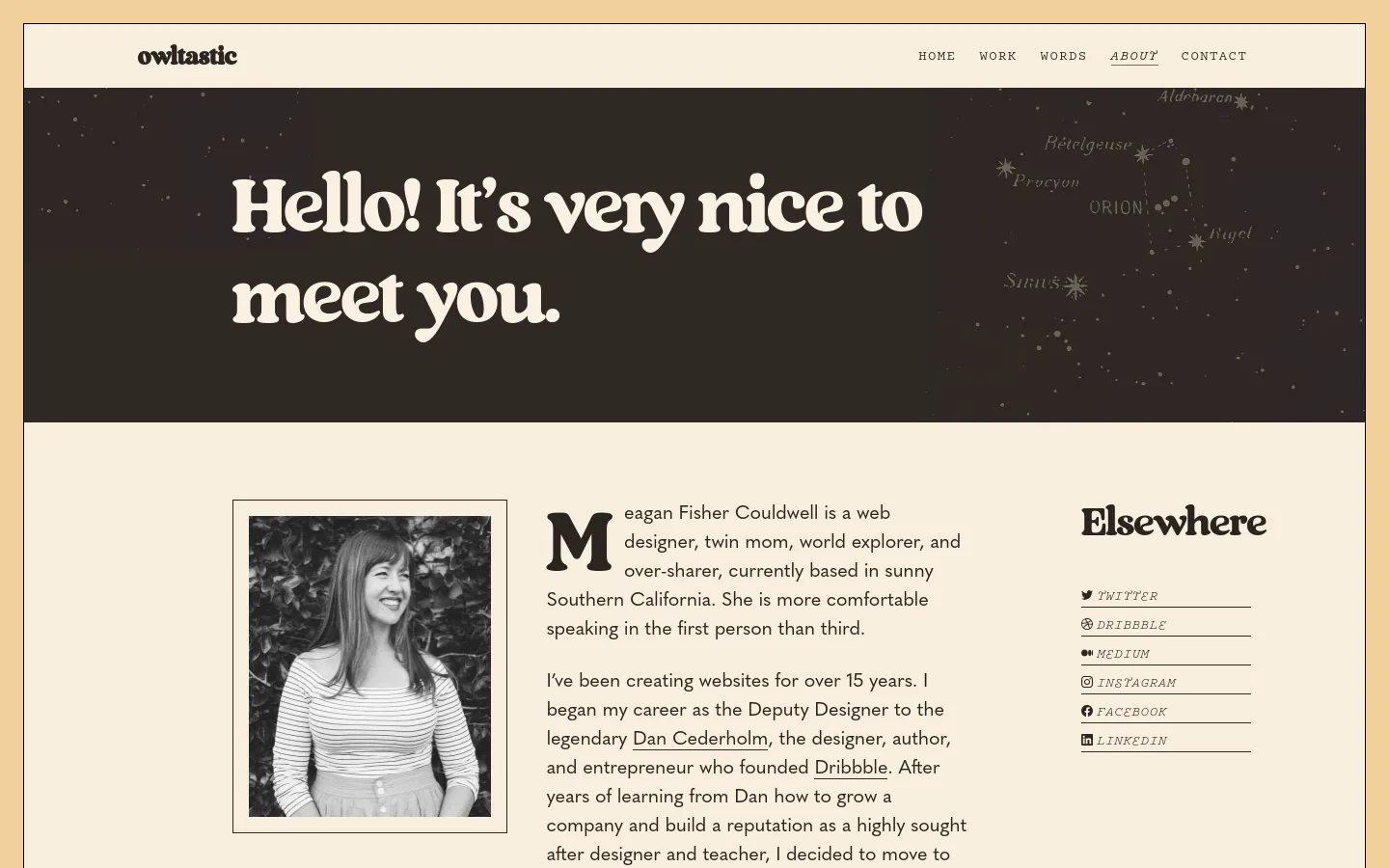 The About page features a cream-colored background with a dark hero section containing the headline 'Hello! It’s very nice to meet you.' against a starry night sky. Below the hero, a black and white portrait of Meagan Fisher Couldwell is positioned to the left of her biographical text, with a sidebar on the right containing social media links under the heading 'Elsewhere'.