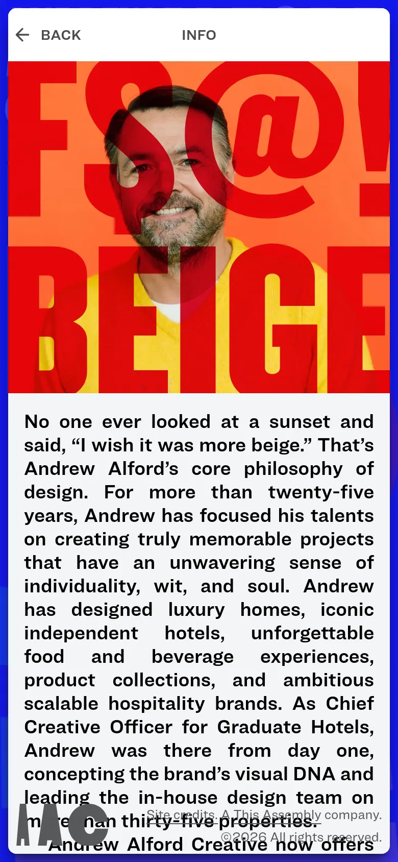 The mobile version presents a single-column vertical layout. It starts with a navigation bar containing 'BACK' and 'INFO', followed by the large hero image of the man with the 'F$@! BEIGE' graphic, and concludes with the full text description on a white background.