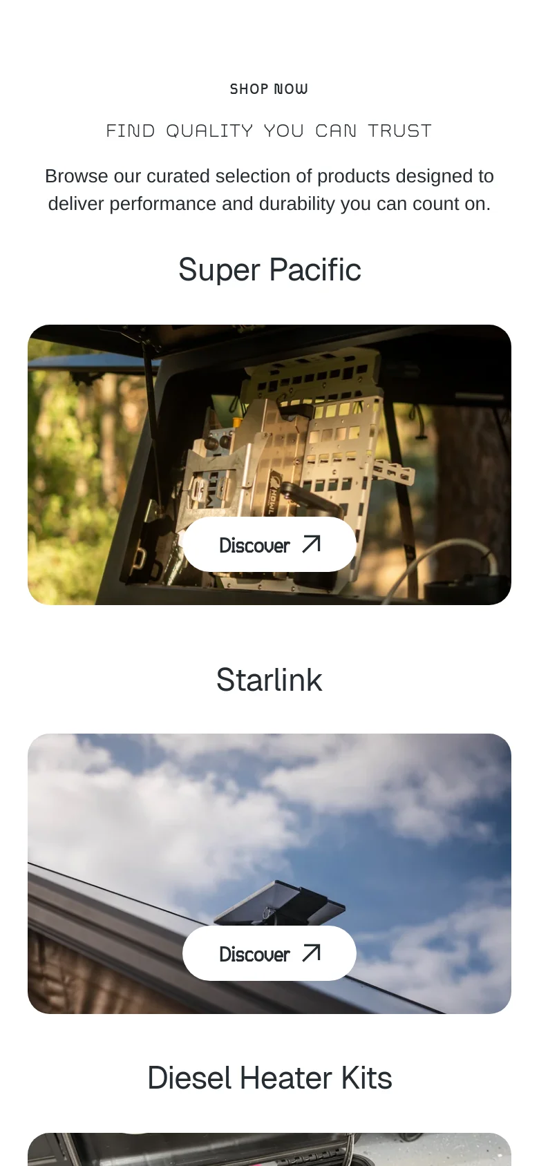 Mobile version of the Iterra Designs homepage with a vertically stacked layout. The hero section, product category tiles, and 'Who We Are' section are condensed into a single column for easier scrolling. Navigation and buttons are optimized for touch, and the large grid of desktop images is replaced by full-width vertical imagery.