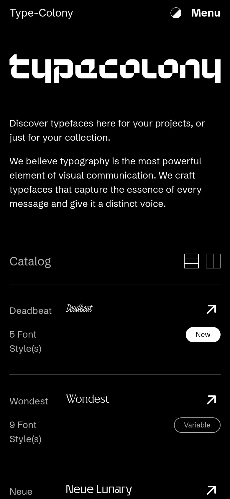 The mobile version maintains the black and white high-contrast theme but uses a single-column vertical layout. The large hero logo is centered above the text, and the catalog items are stacked vertically, with the menu condensed into a hamburger icon at the top right.