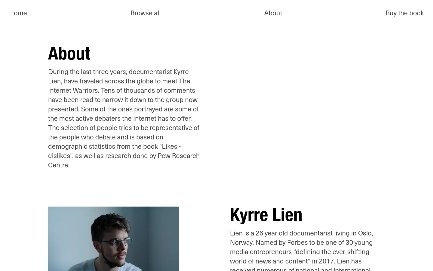 The About page features a clean, white background with black text and a minimalist navigation bar at the top. The layout includes a large 'About' headline, followed by descriptive text, a portrait of Kyrre Lien on the left, and a section about his book with a cover image on the right.
