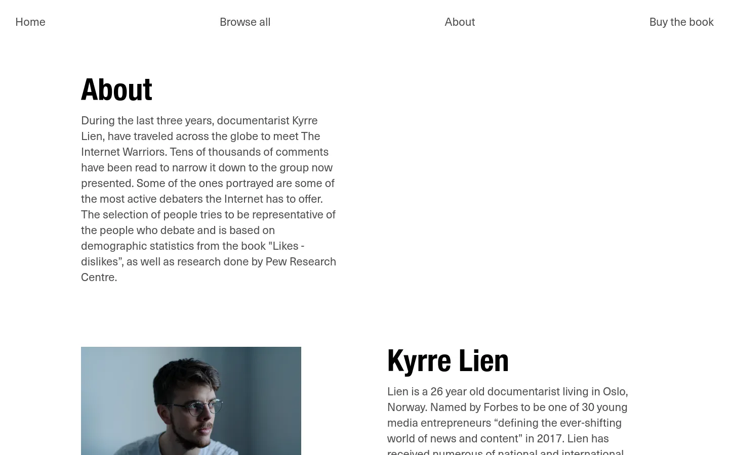 The About page features a clean, white background with black text and a minimalist navigation bar at the top. The layout includes a large 'About' headline, followed by descriptive text, a portrait of Kyrre Lien on the left, and a section about his book with a cover image on the right.