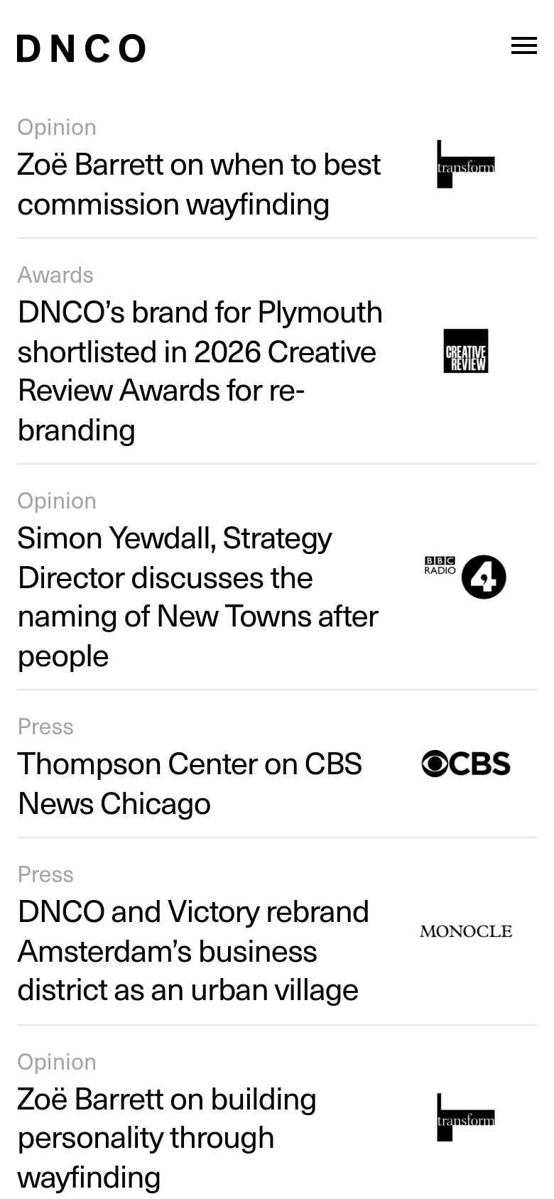 The mobile version maintains the minimalist white and black aesthetic but uses a condensed single-column layout. The top navigation is replaced by a hamburger menu icon, and the news entries stack vertically with headlines and logos appearing below or beside the text.