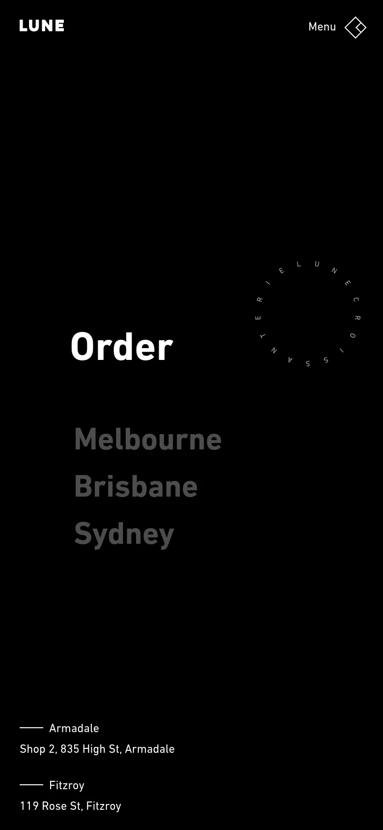 The mobile version maintains the dark aesthetic and 'Order' headline but uses a simplified layout. The navigation is condensed into a 'Menu' button at the top right, and the city selection and location addresses are stacked vertically for easier scrolling.