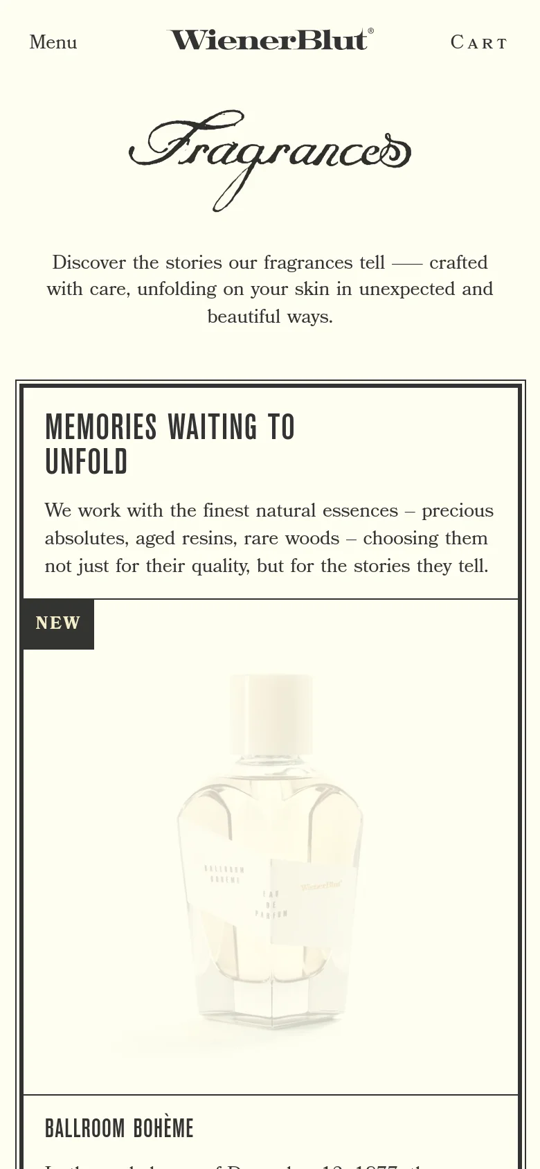 The mobile version maintains the cream and black color scheme but uses a single-column vertical layout. The 'Fragrances' header and introductory text are centered at the top, with product images and details stacked vertically for easier scrolling on a narrow screen.