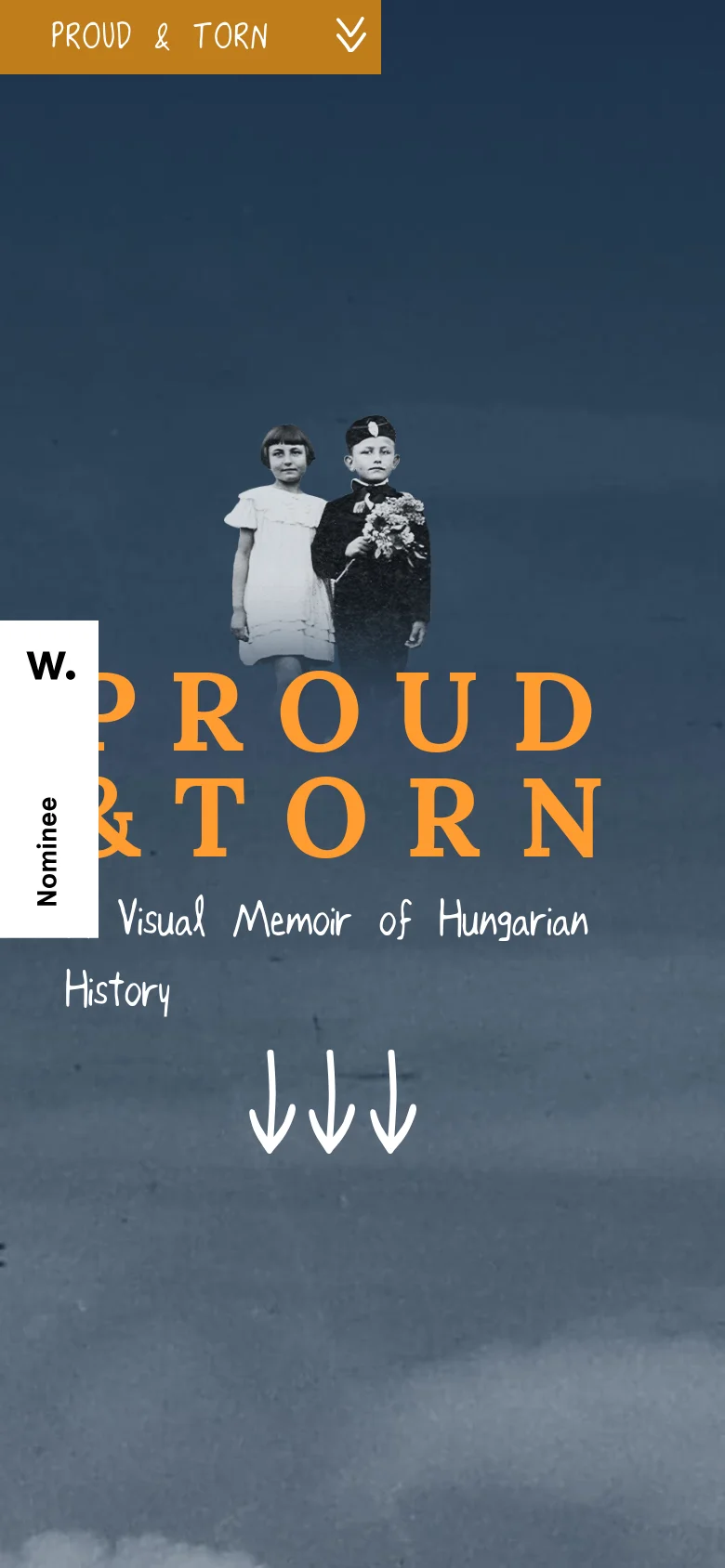 The mobile version maintains the same visual theme with the blue sky background and central black and white photo of two children. The title and subtitle are stacked vertically in the center, and the navigation bar is condensed at the top, featuring the title and a downward arrow icon.