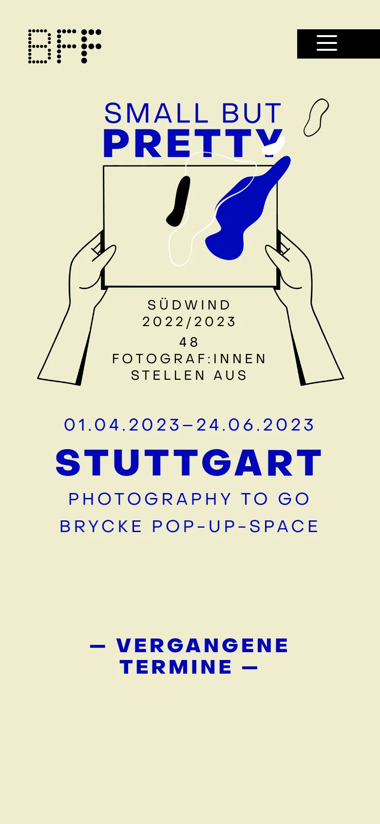 The mobile version uses a vertical layout with the 'BFF' logo and a hamburger menu icon at the top. The central illustration of hands holding an abstract frame is stacked above the large blue headline and event details. Text elements like 'STUTTGART' and 'PHOTOGRAPHY TO GO' are centered and scaled for a narrow screen.
