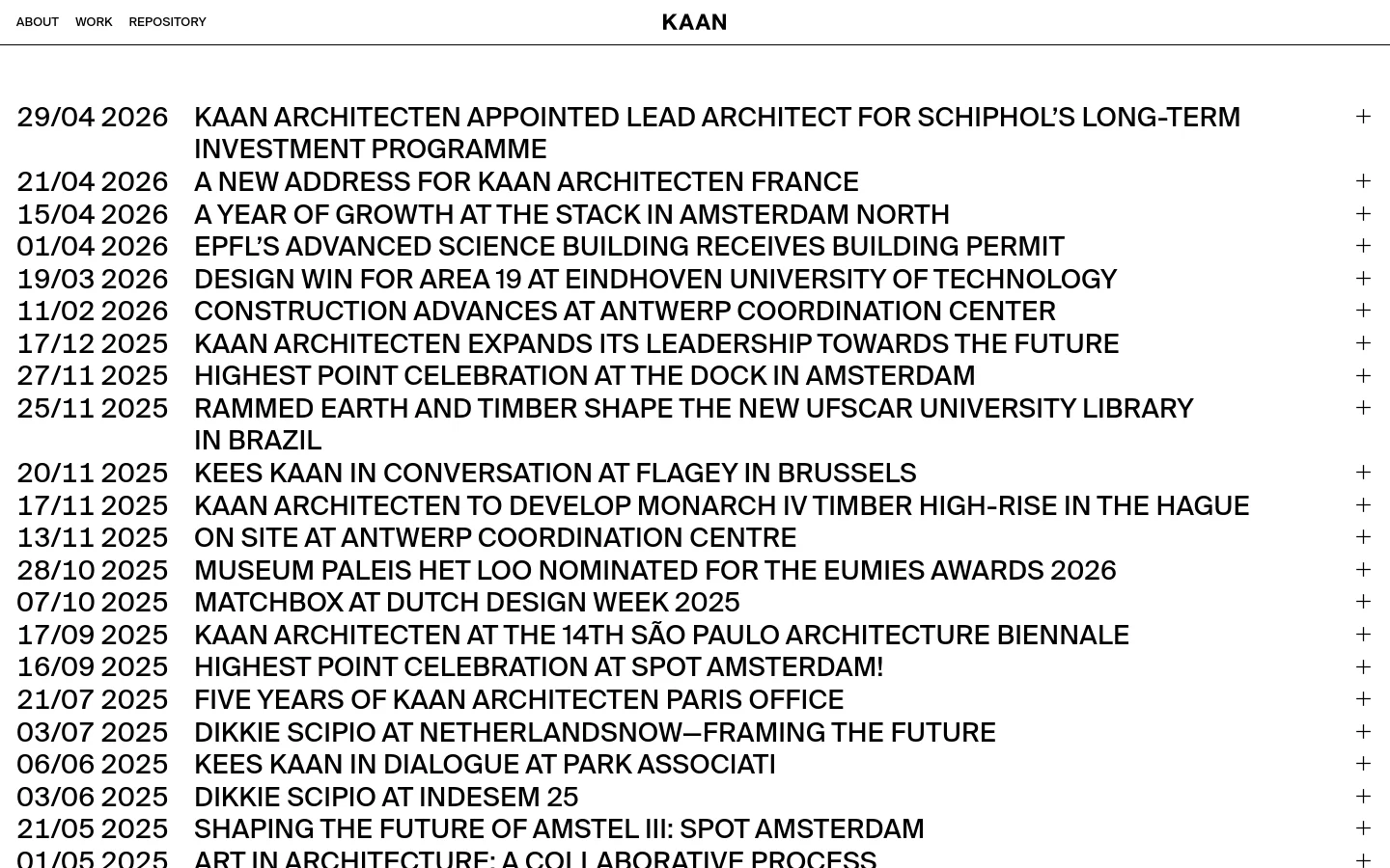 The desktop News Archive page features a minimalist white background with black text. A navigation menu with 'ABOUT', 'WORK', and 'REPOSITORY' sits at the top left, while the 'KAAN' logo is centered. The main content is a vertical list of news headlines paired with dates, each accompanied by a plus icon on the far right for expansion.