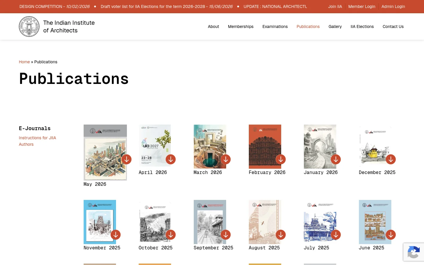 The Publications page features a clean white layout with a top navigation bar containing the IIA logo and menu links. A large 'Publications' heading is followed by an 'E-Journals' section displaying a grid of magazine cover thumbnails arranged by date, each with a red download icon. The desktop view shows a wide horizontal arrangement of journal covers with text labels underneath.