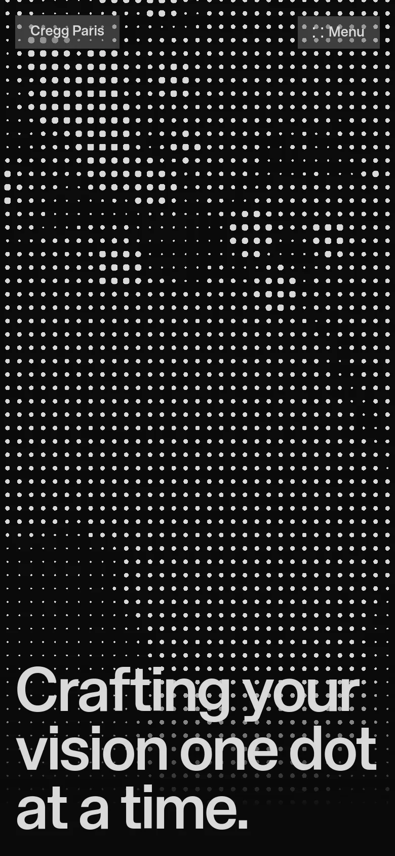 The mobile version maintains the dark, dotted world map aesthetic but shifts the layout for a vertical screen. The headline 'Crafting your vision one dot at a time' is stacked vertically in large white text, and the navigation menu is condensed into a single 'Menu' button at the top right.