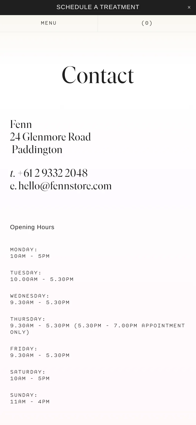 The mobile version simplifies the layout into a single vertical column on a white background. The 'Contact' headline, address, and contact details are stacked at the top, followed by a detailed list of opening hours for each day of the week. The image carousel and top navigation are removed or condensed to prioritize text readability.
