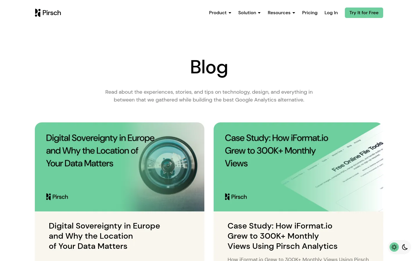 The desktop blog page features a clean, white background with a large 'Blog' heading and a descriptive subtitle. Below, blog posts are arranged in a two-column grid, each displaying a large rectangular featured image with green gradients and text overlays, followed by a bold headline and date. The top navigation bar includes the Pirsch logo, dropdown menus for Product, Solution, and Resources, and a prominent 'Try It for Free' call-to-action button.