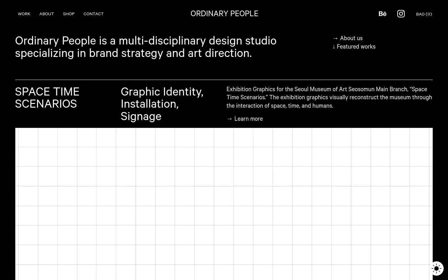 The desktop homepage features a minimalist black background with white typography. A large hero section introduces the studio, followed by a structured layout of featured projects like 'SPACE TIME SCENARIOS' and 'OLIVE YOUNG' presented with clean headings, descriptions, and large image grids. Navigation links for About, Shop, and Contact are at the top left, with social icons and a shopping bag on the right.