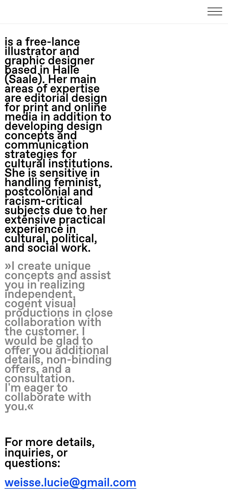 Mobile view of the portfolio featuring a vertical layout with large, bold black text on a white background. The text describes Lucie Weiße's work as an illustrator and designer, followed by a contact email link. A hamburger menu icon is visible in the top right corner.