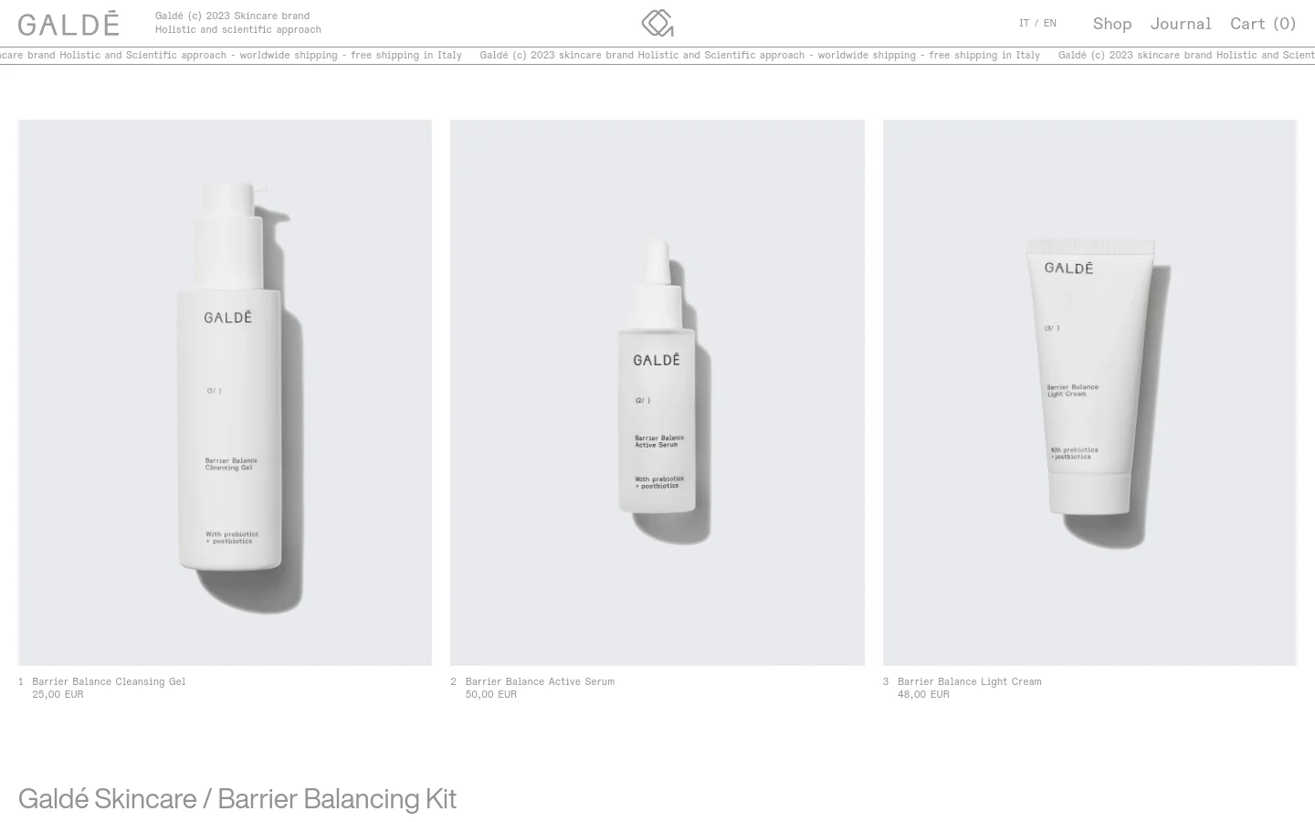 The desktop shop page features a minimalist design with a light grey background and a grid layout of skincare products. Each product entry includes a high-quality studio photograph of the item, its name, and price in EUR. The navigation bar at the top includes the Galdé logo, language options, and links to Shop, Journal, and Cart.