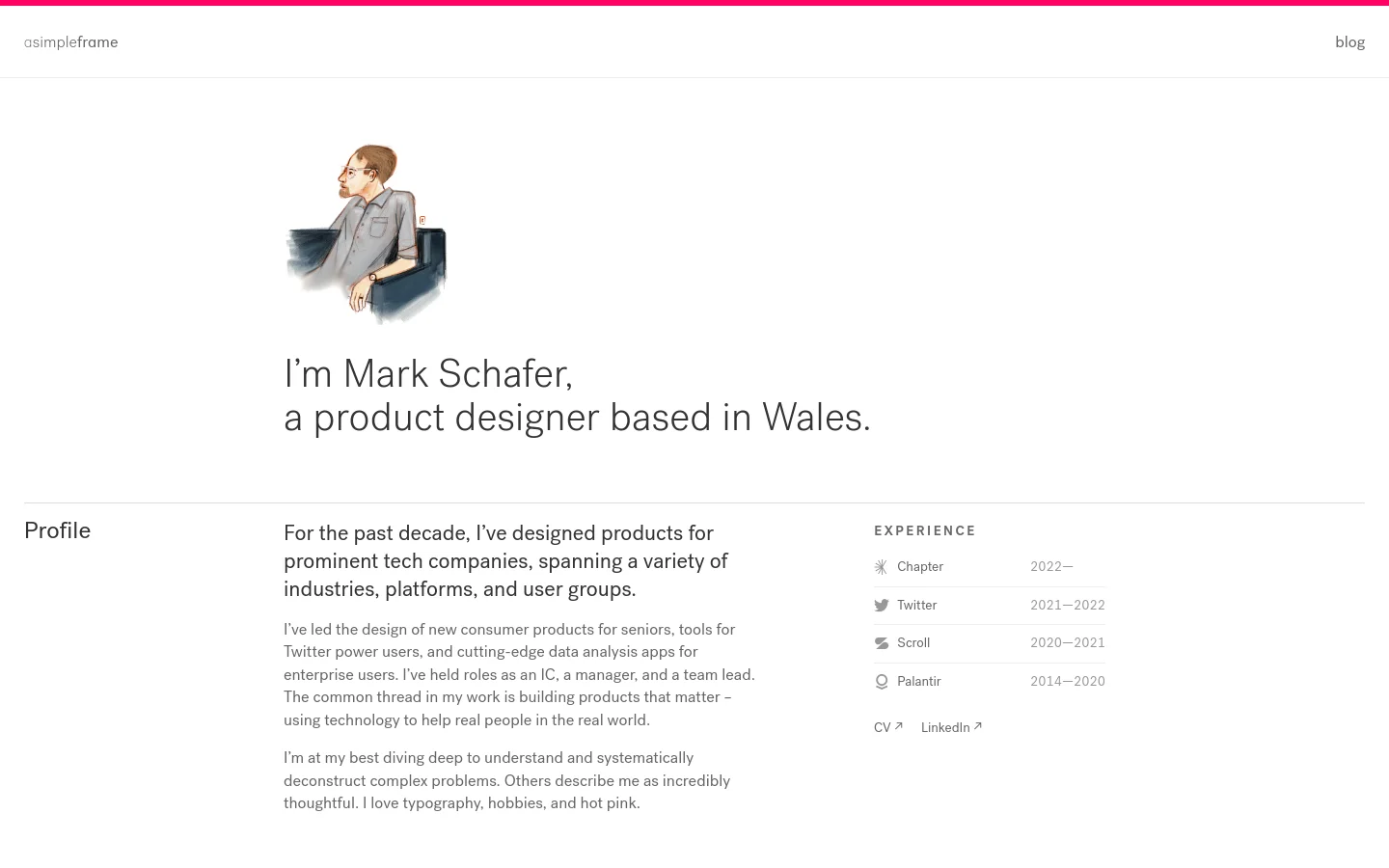 A minimalist personal portfolio website with a white background and a hot pink top border. The hero section features a stylized illustration of Mark Schafer sitting in a chair above a large headline, followed by sections for Profile, Experience with company logos, and a Portfolio placeholder.