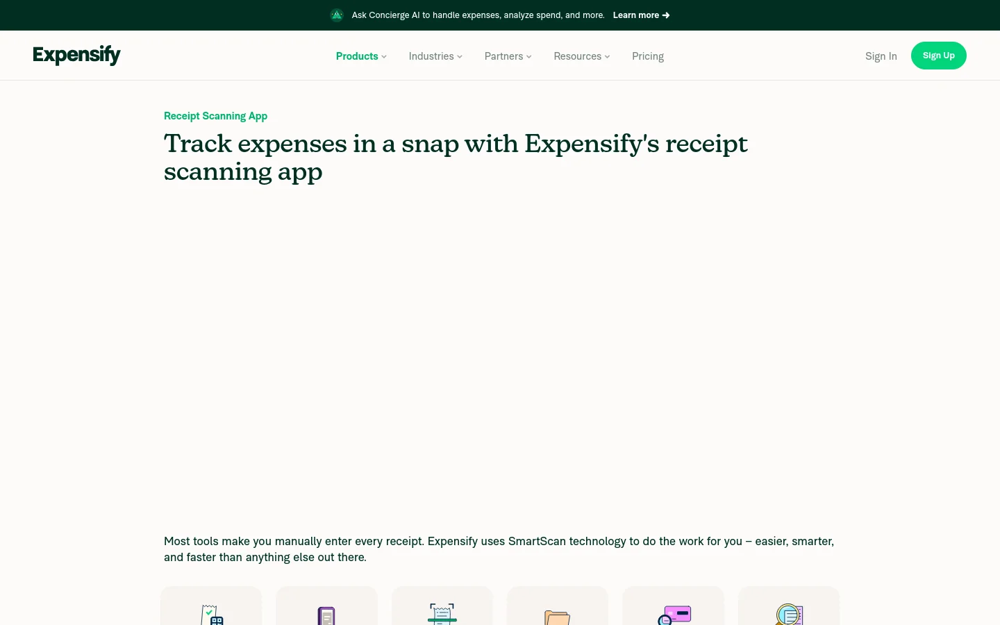 The desktop page features a clean white background with a top navigation bar containing the Expensify logo, menu links, and a green 'Sign Up' button. The hero section displays a large headline about receipt scanning, followed by a prominent graphic of a mobile app interface and a descriptive paragraph. Below, a grid of feature illustrations with headings like 'Works with any receipt' and 'Realtime data extraction' highlights the product's capabilities.