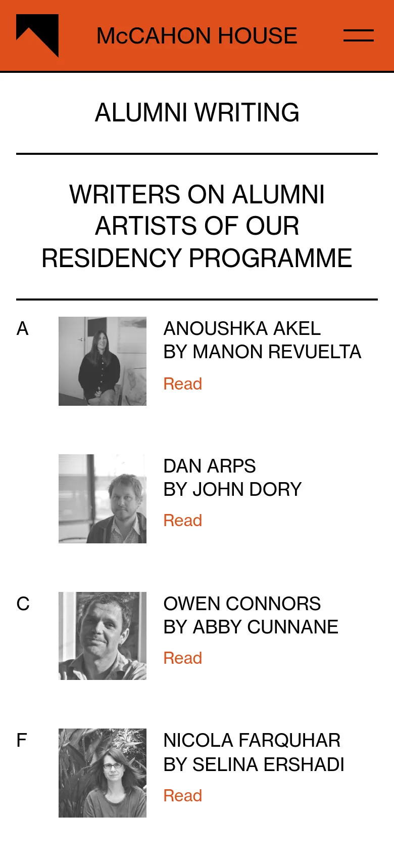 The mobile version uses a single-column vertical layout with centered, large headings. The content consists of a series of stacked article entries, each featuring a square portrait image, the artist and writer names in all caps, and a red 'Read' link below the text.